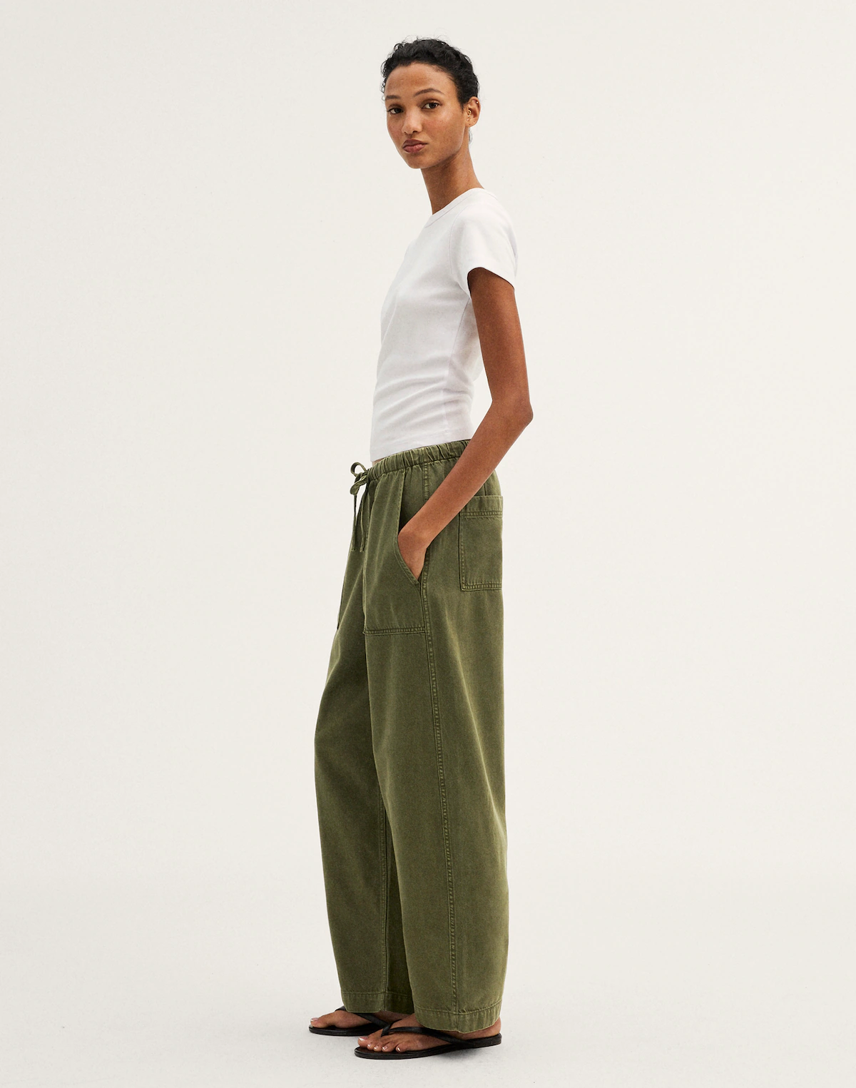 Pull-On Barrel-Leg Utility Pants in Airy Denim