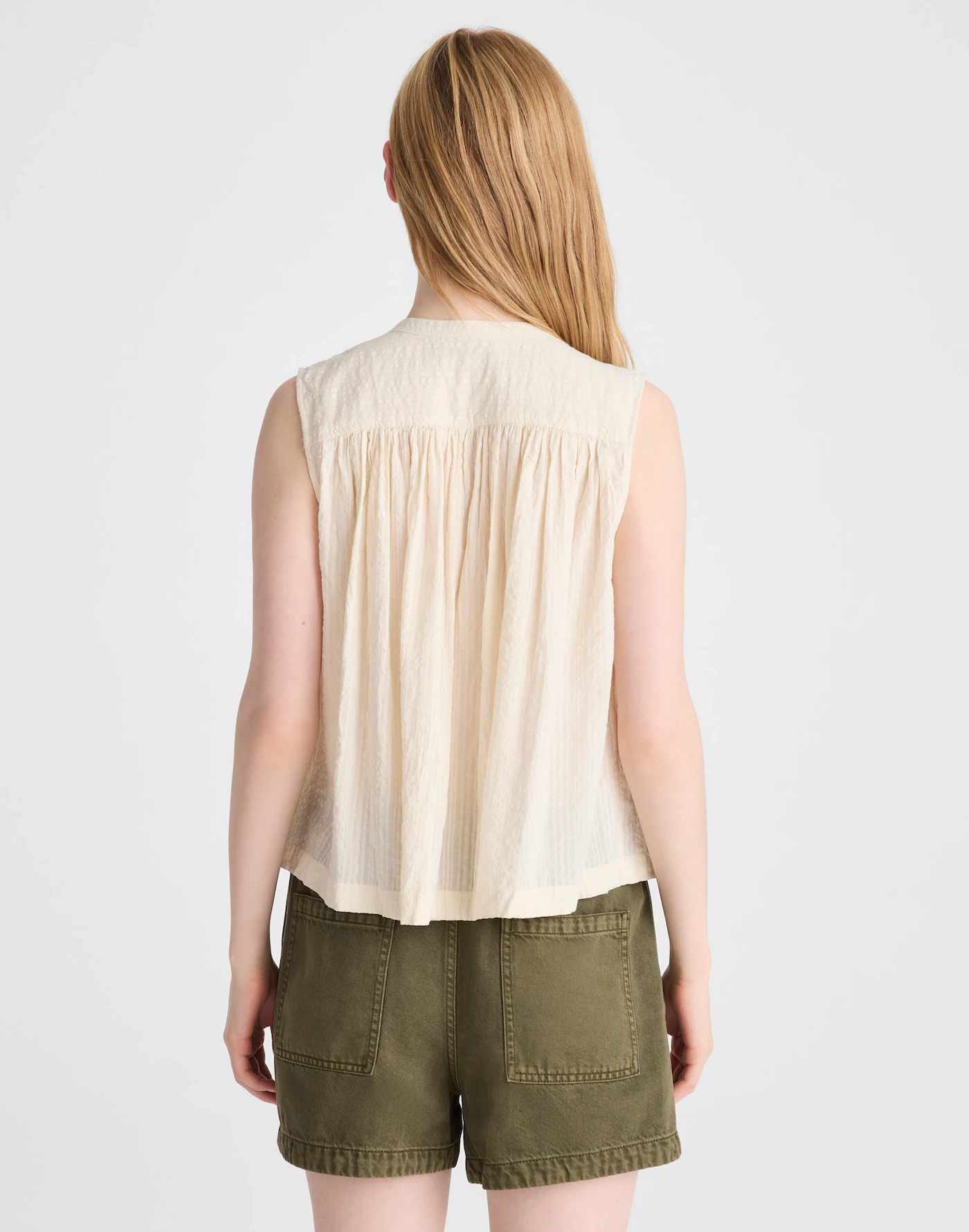 Shirred Button-Up Sleeveless Blouse