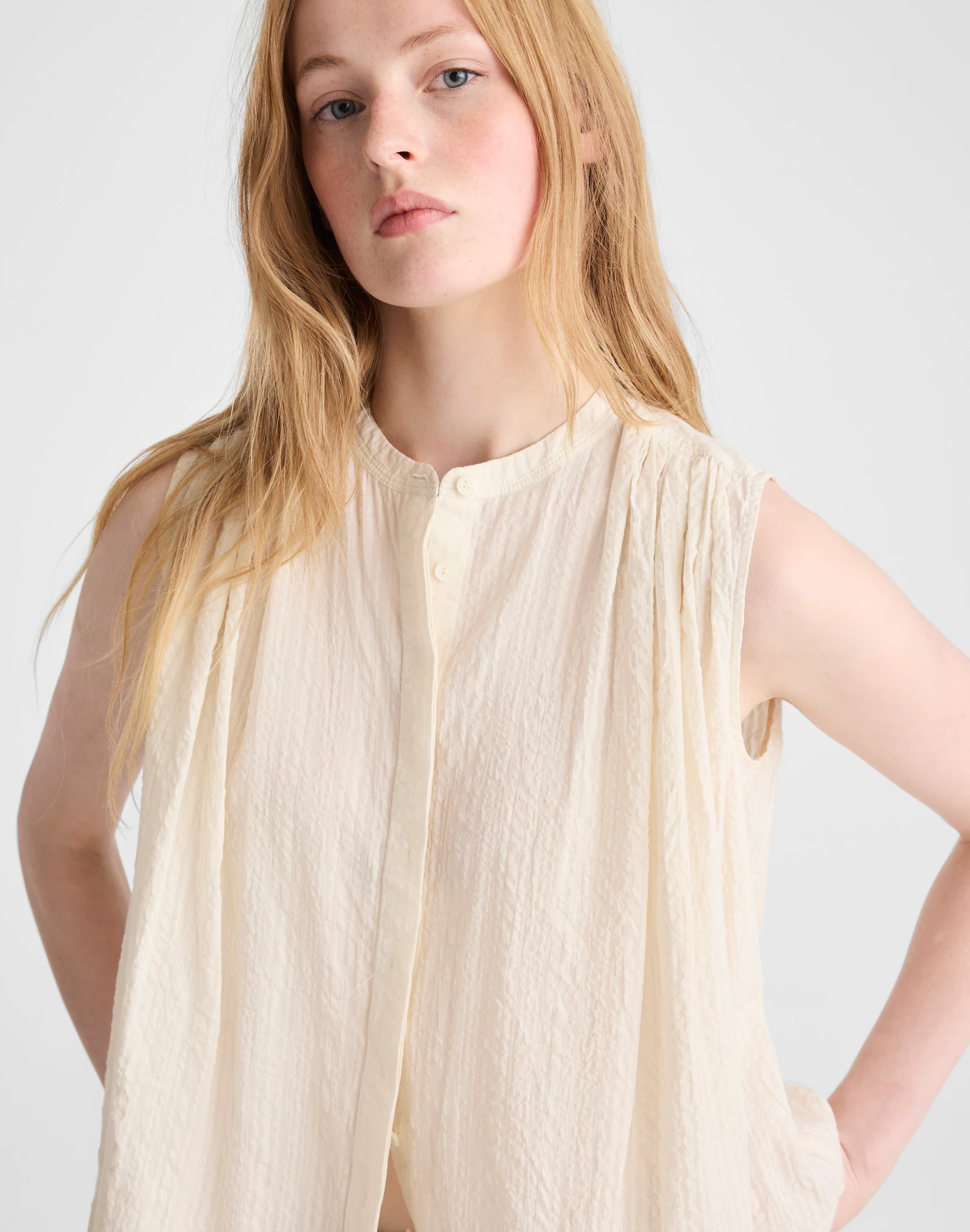 Shirred Button-Up Sleeveless Blouse